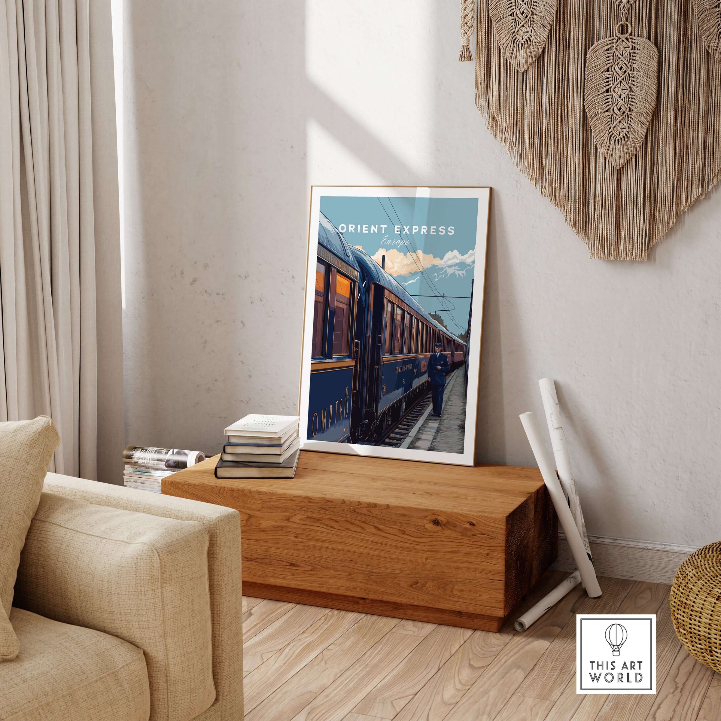 Orient Express Poster | Retro Rail Wall Art displayed in a cozy living room with vintage decor.