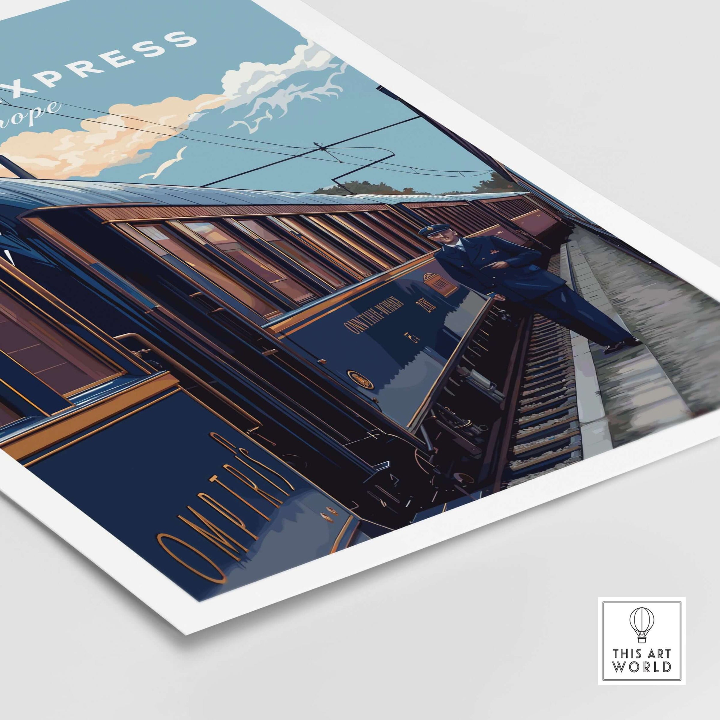 Orient Express Poster | Retro Rail Wall Art featuring a vintage train and conductor in a nostalgic setting.