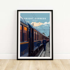 Orient Express Poster | Retro Rail Wall Art featuring a vintage train and stylish conductor, capturing classic travel elegance.