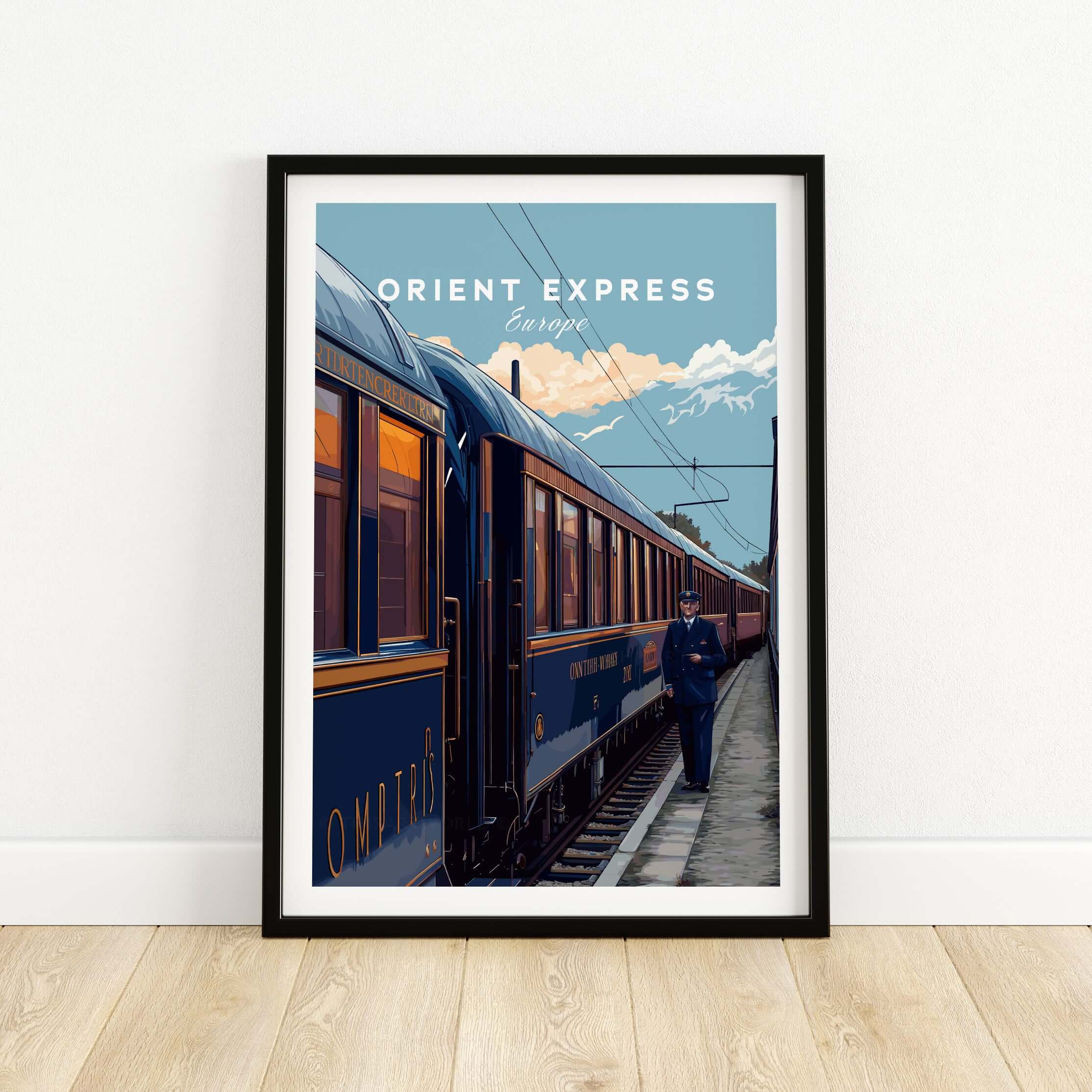 Orient Express Poster | Retro Rail Wall Art featuring a vintage train and stylish conductor, capturing classic travel elegance.
