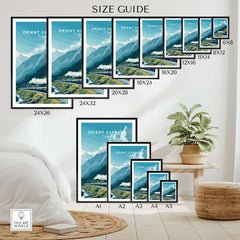 Orient Express Poster | Luxury Travel Wall Art size guide showcasing various frame sizes in an elegant interior setting.