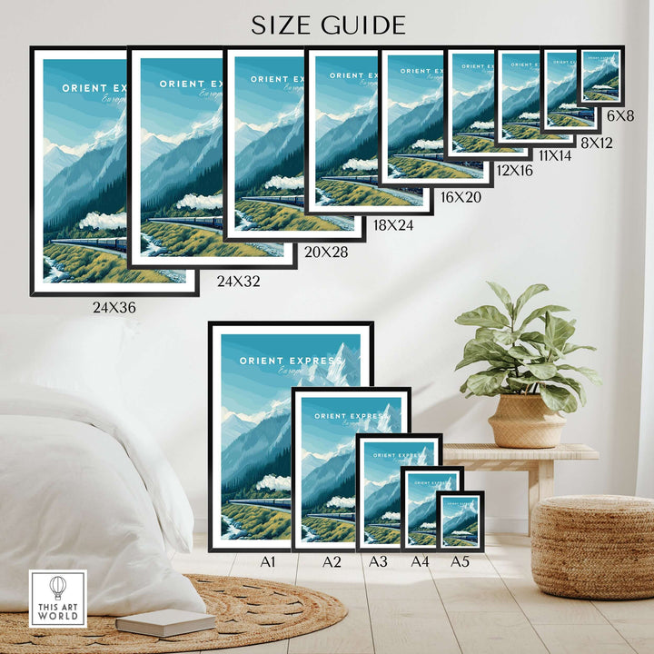 Orient Express Poster | Luxury Travel Wall Art size guide showcasing various frame sizes for home decor.