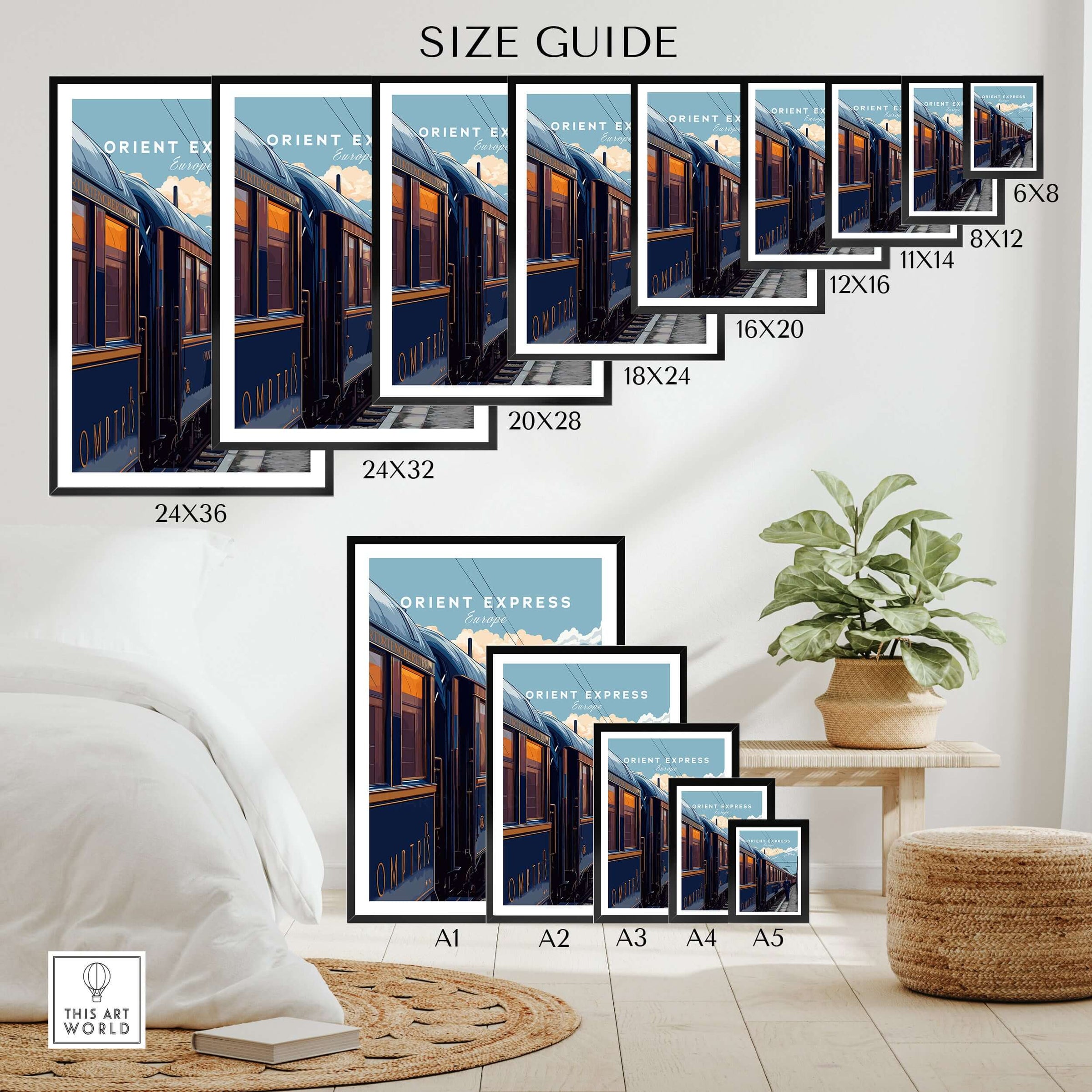 Orient Express Poster | Retro Rail Wall Art size guide with various frame dimensions displayed in a stylish interior.