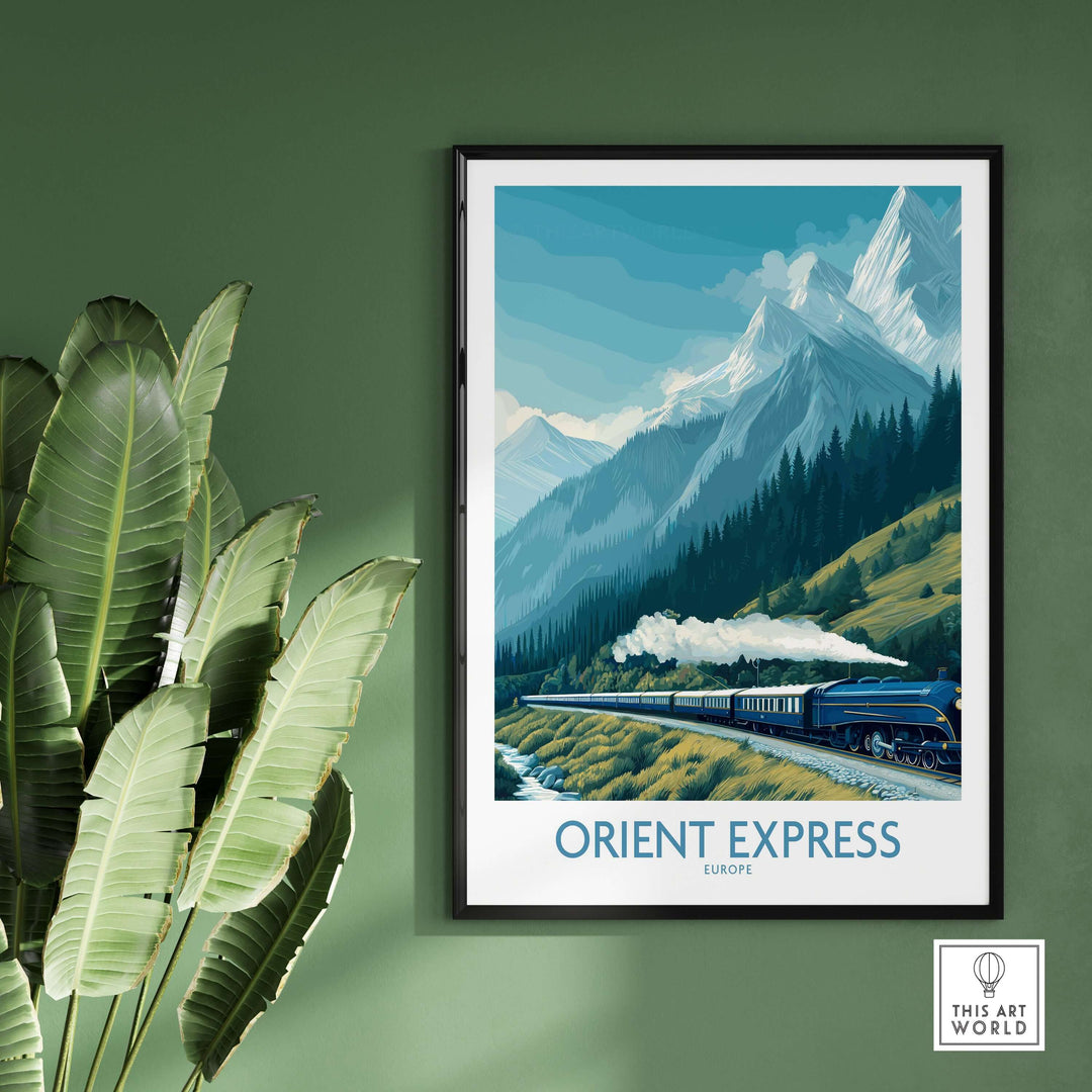 Orient Express Poster - Steam Train Art Print showcasing a vintage steam train traveling through mountains.