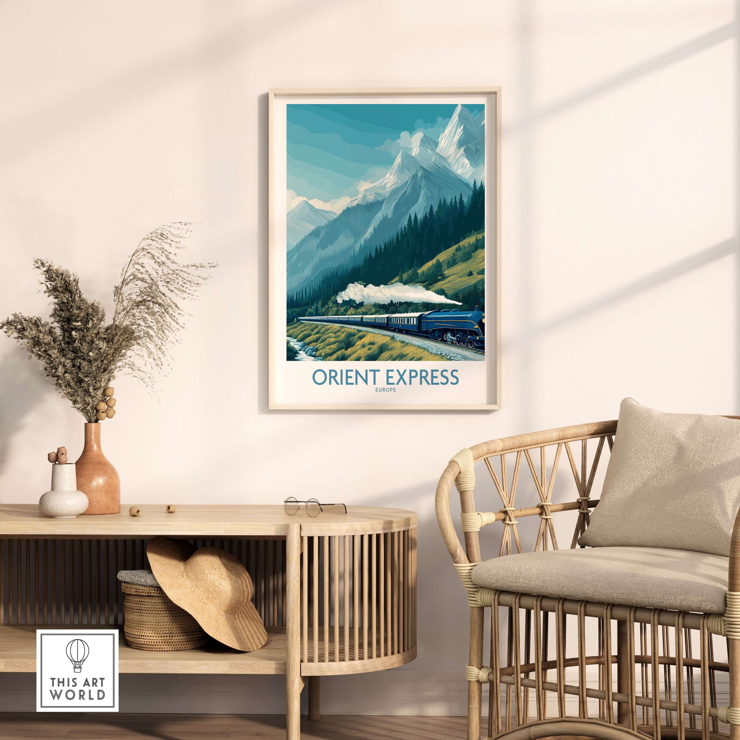 Orient Express Poster - Steam Train Art Print showcased in a stylish living room setting with mountain views.