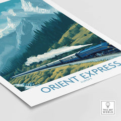 Orient Express Poster - Steam Train Art Print showcasing a vintage locomotive against a mountainous backdrop.