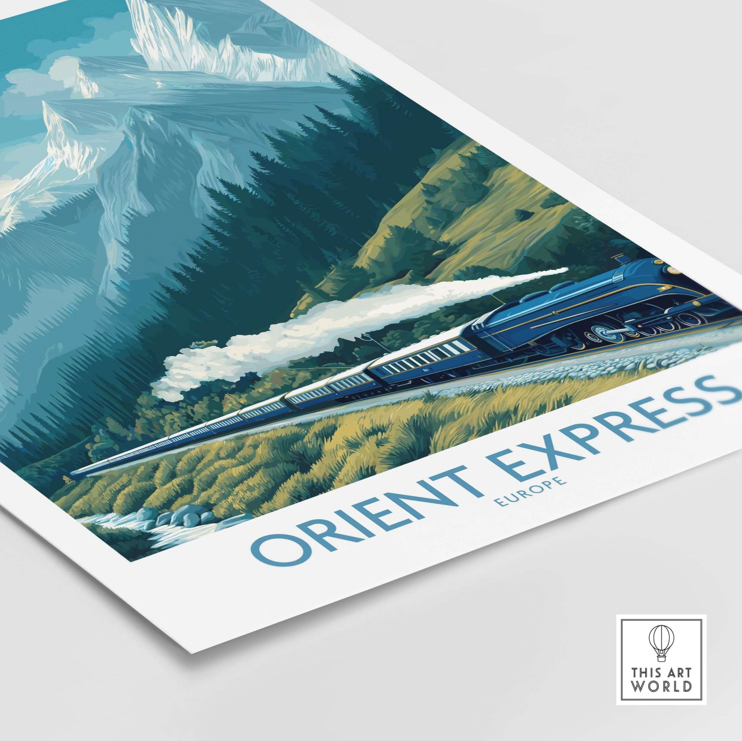 Orient Express Poster - Steam Train Art Print showcasing a vintage locomotive against a mountainous backdrop.