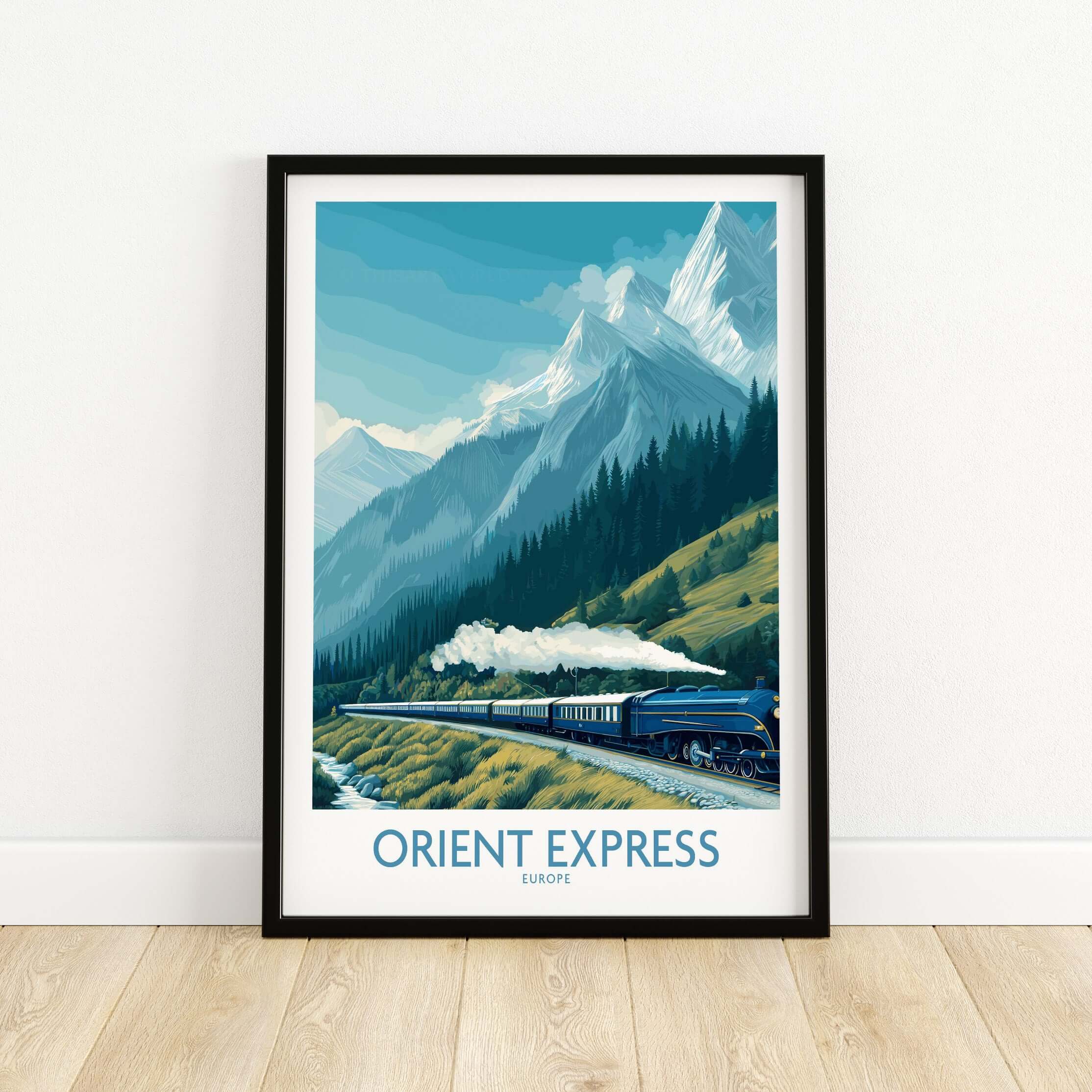 Orient Express Poster - Steam Train Art Print depicting a vintage locomotive in a mountainous landscape.