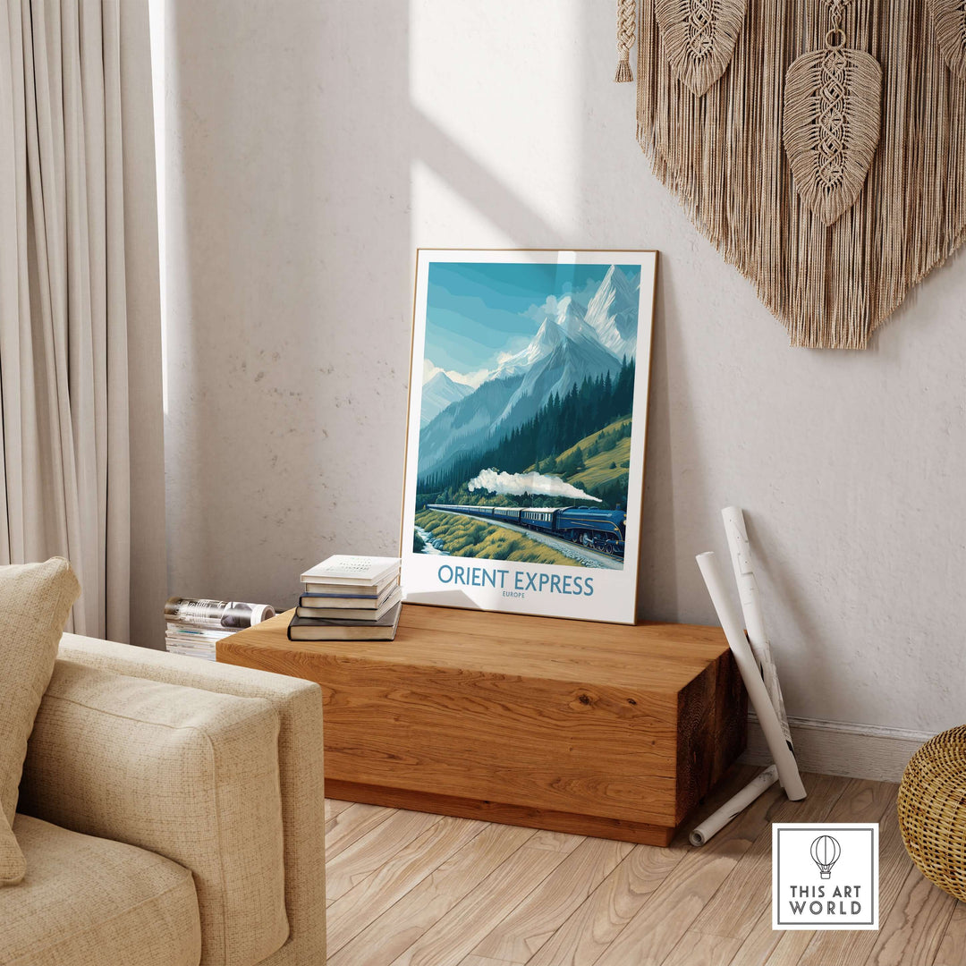 Orient Express Poster - Steam Train Art Print displayed in a cozy living room with mountains in the background.