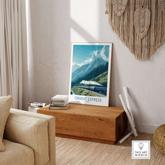 Orient Express Poster - Steam Train Art Print displayed in a cozy living room setting, showcasing vintage locomotive elegance.