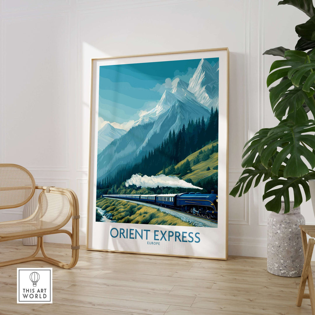 Orient Express Poster - Steam Train Art Print showcasing a vintage train against a mountainous backdrop in a stylish room.