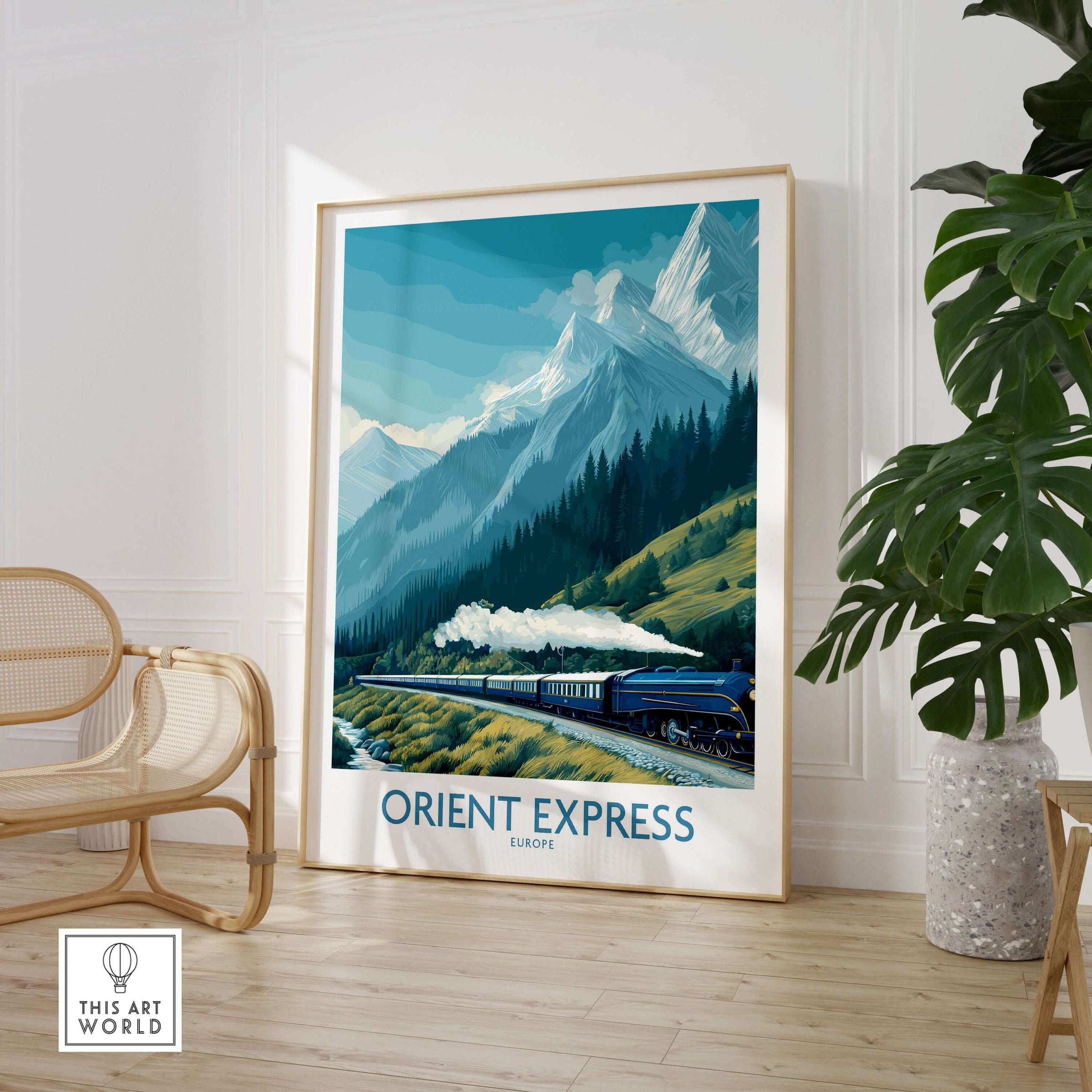 Orient Express Poster - Steam Train Art Print featuring a vintage steam train amidst scenic mountains.