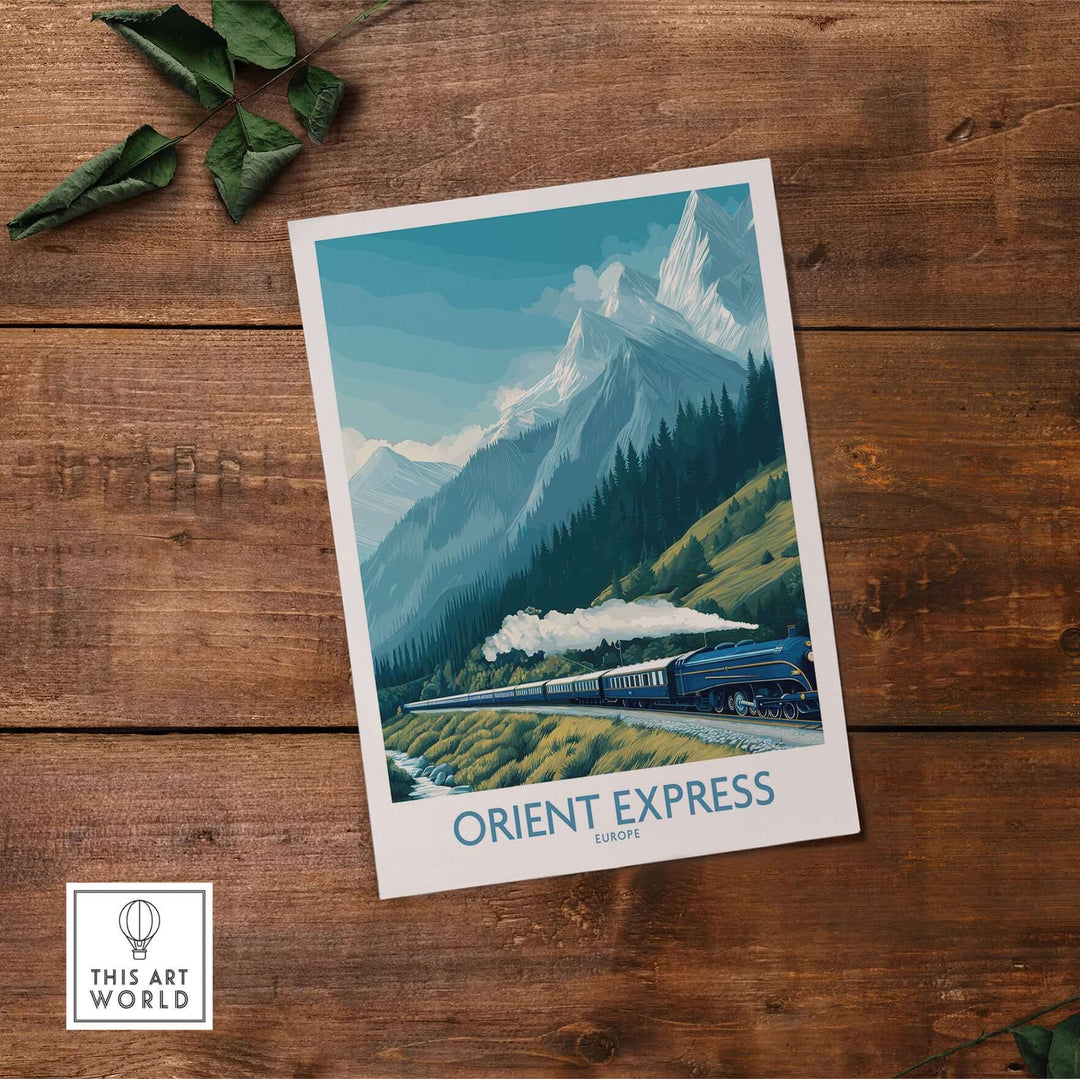 Orient Express Poster - Steam Train Art Print showcasing a vintage locomotive against a scenic mountain backdrop.