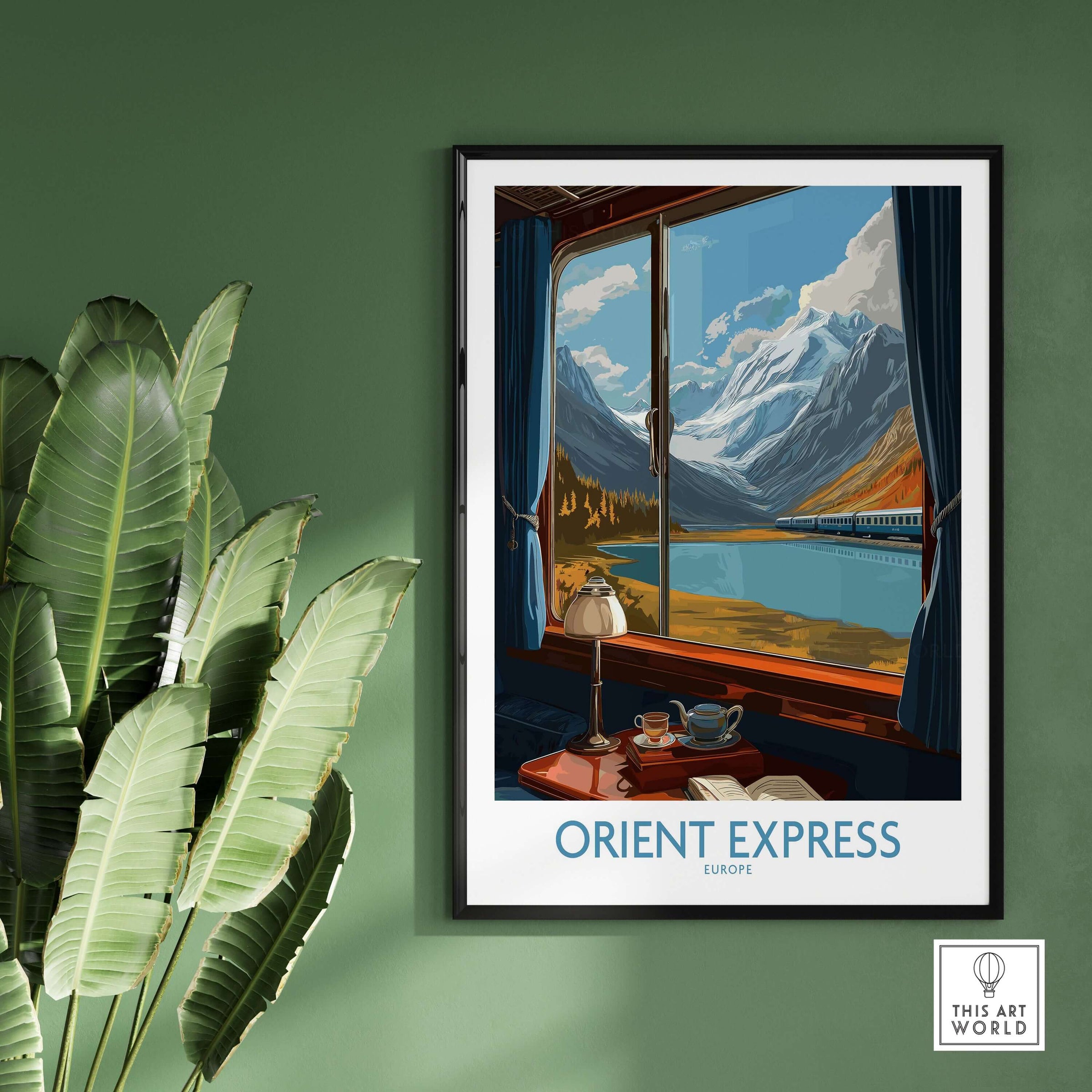 Orient Express Poster Window Art Print | Glacier Mountain View Poster featuring a scenic alpine view from a train window.