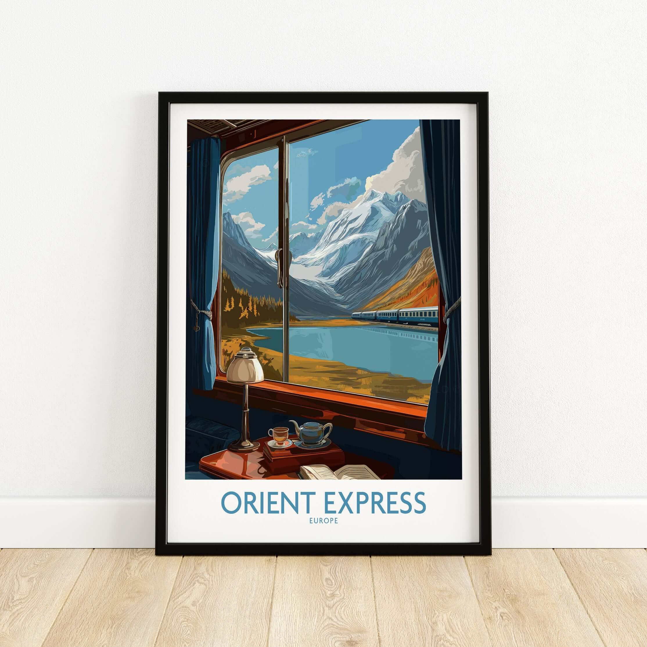 Orient Express Poster Window Art Print | Glacier Mountain View Poster displaying a scenic glacier landscape from a train window.