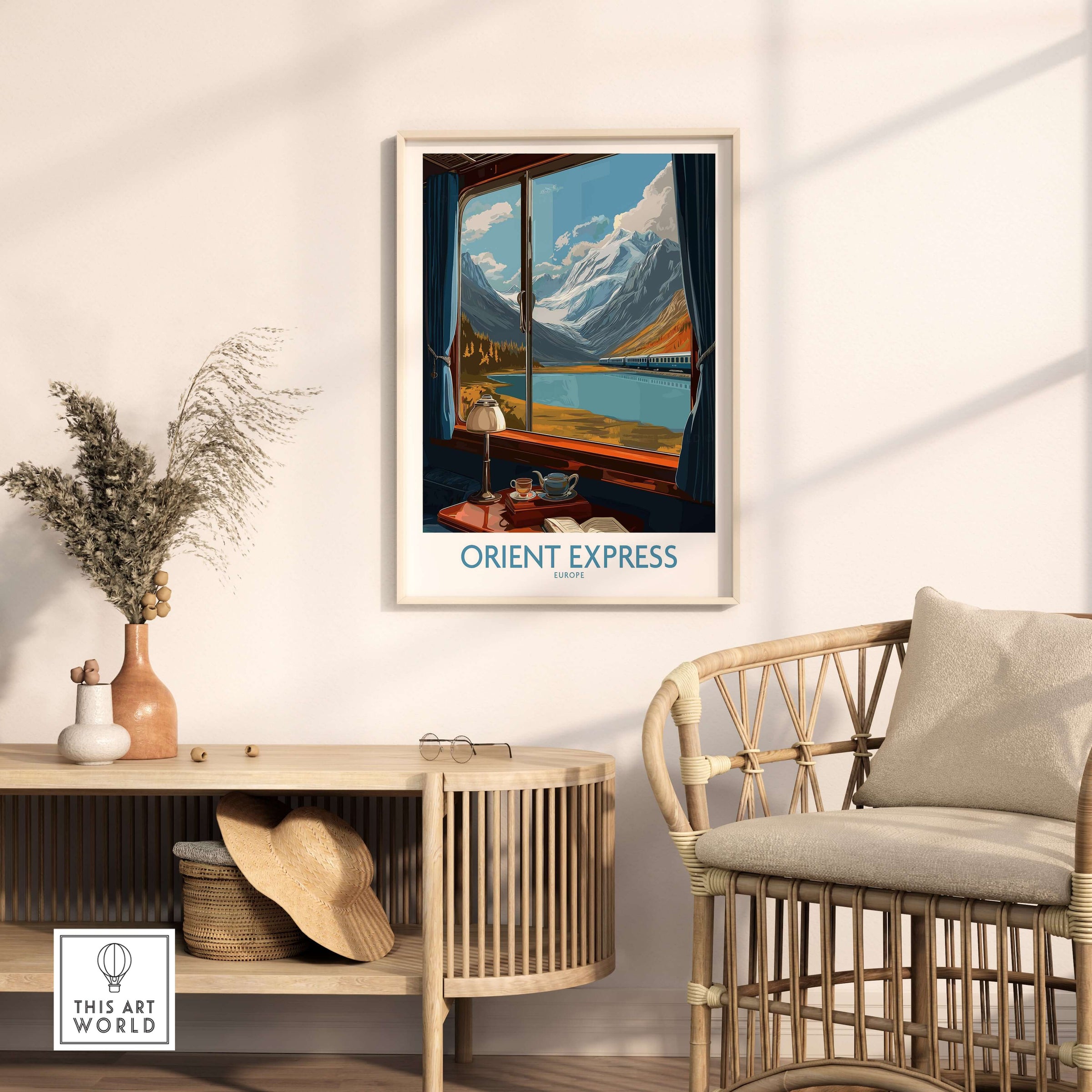 Orient Express Poster Window Art Print | Glacier Mountain View Poster in a stylish room with a cozy chair.