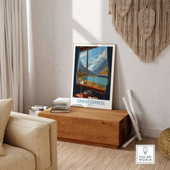 Orient Express Poster Window Art Print | Glacier Mountain View Poster showcasing a scenic glacier view from a window.