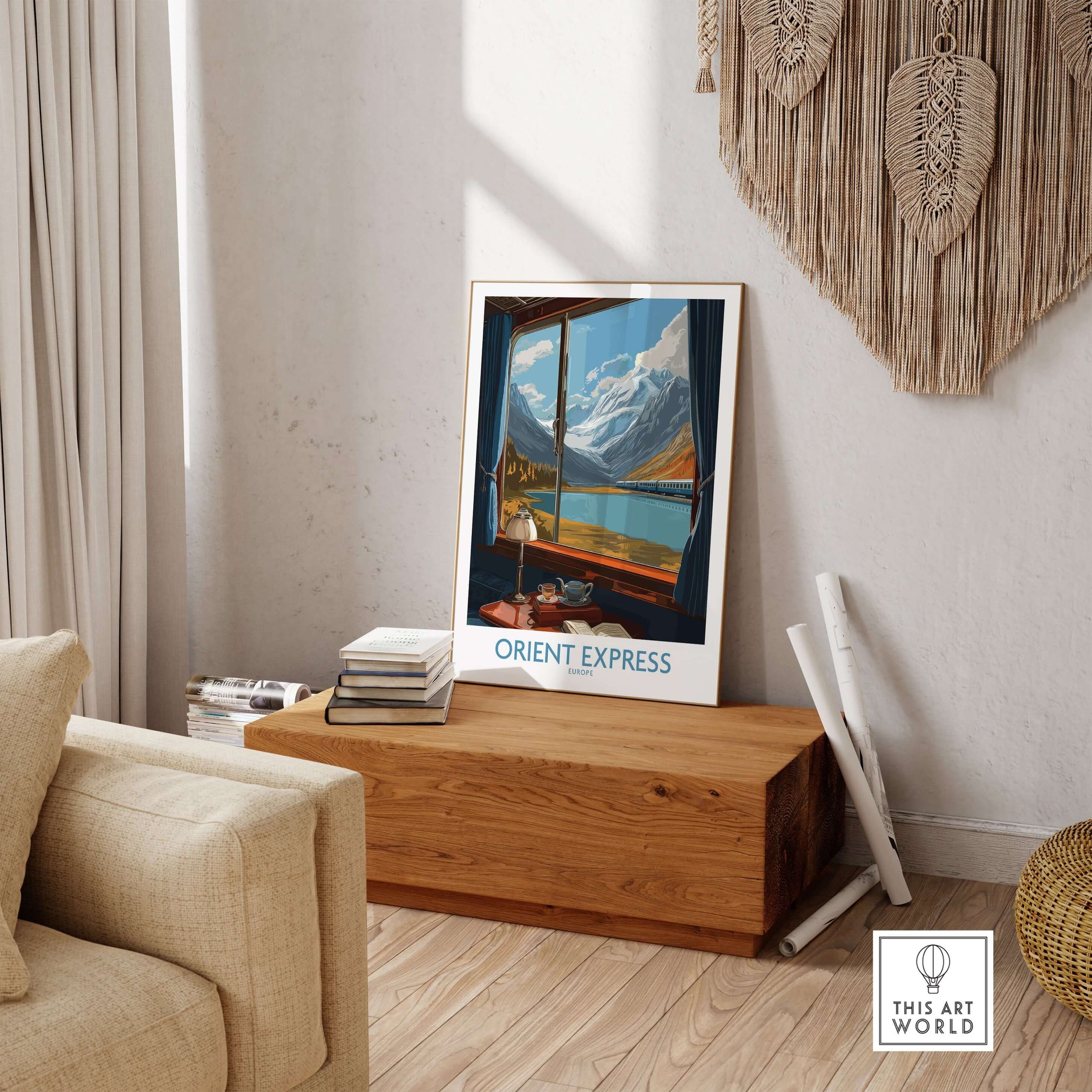 Orient Express Poster Window Art Print | Glacier Mountain View Poster showcasing a scenic glacier view from a window.