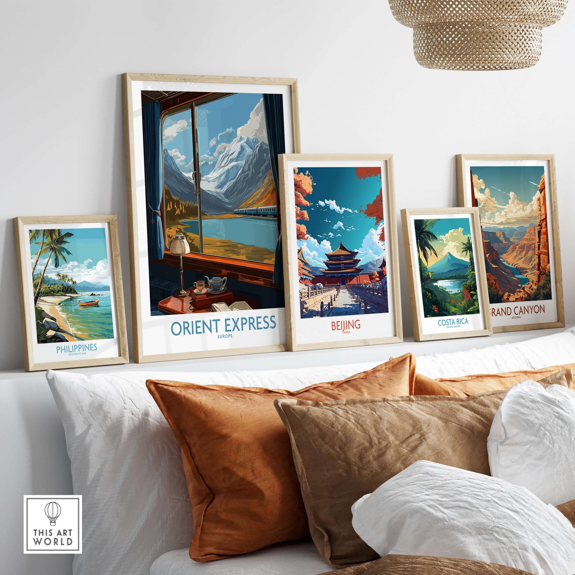 Orient Express Poster Window Art Print | Glacier Mountain View Poster displayed among framed vintage travel art prints.