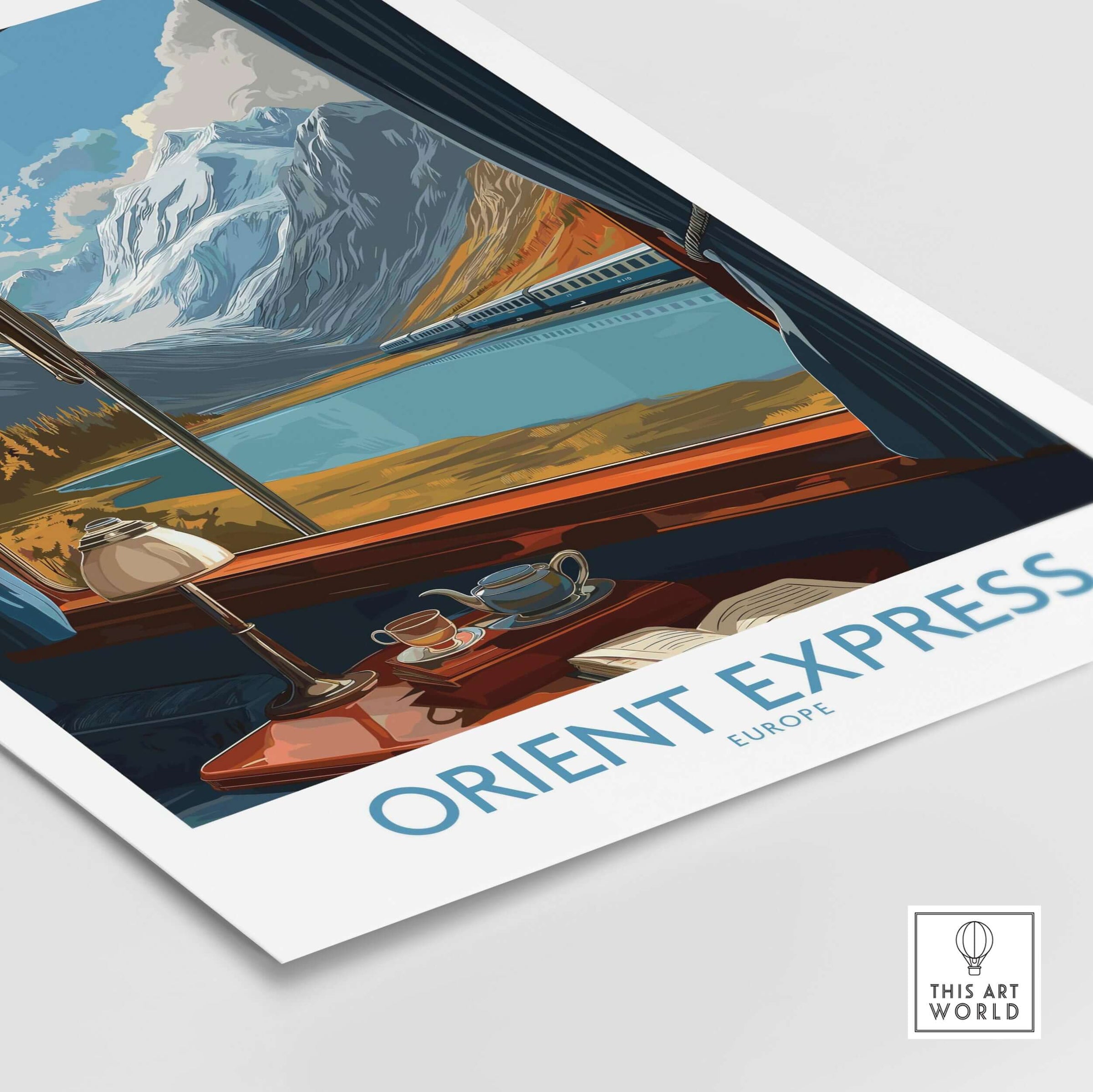 Orient Express Poster Window Art Print | Glacier Mountain View Poster featuring a scenic view from a train window.