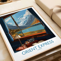 Orient Express Poster Window Art Print | Glacier Mountain View Poster showcasing a serene glacier mountain view from a train.