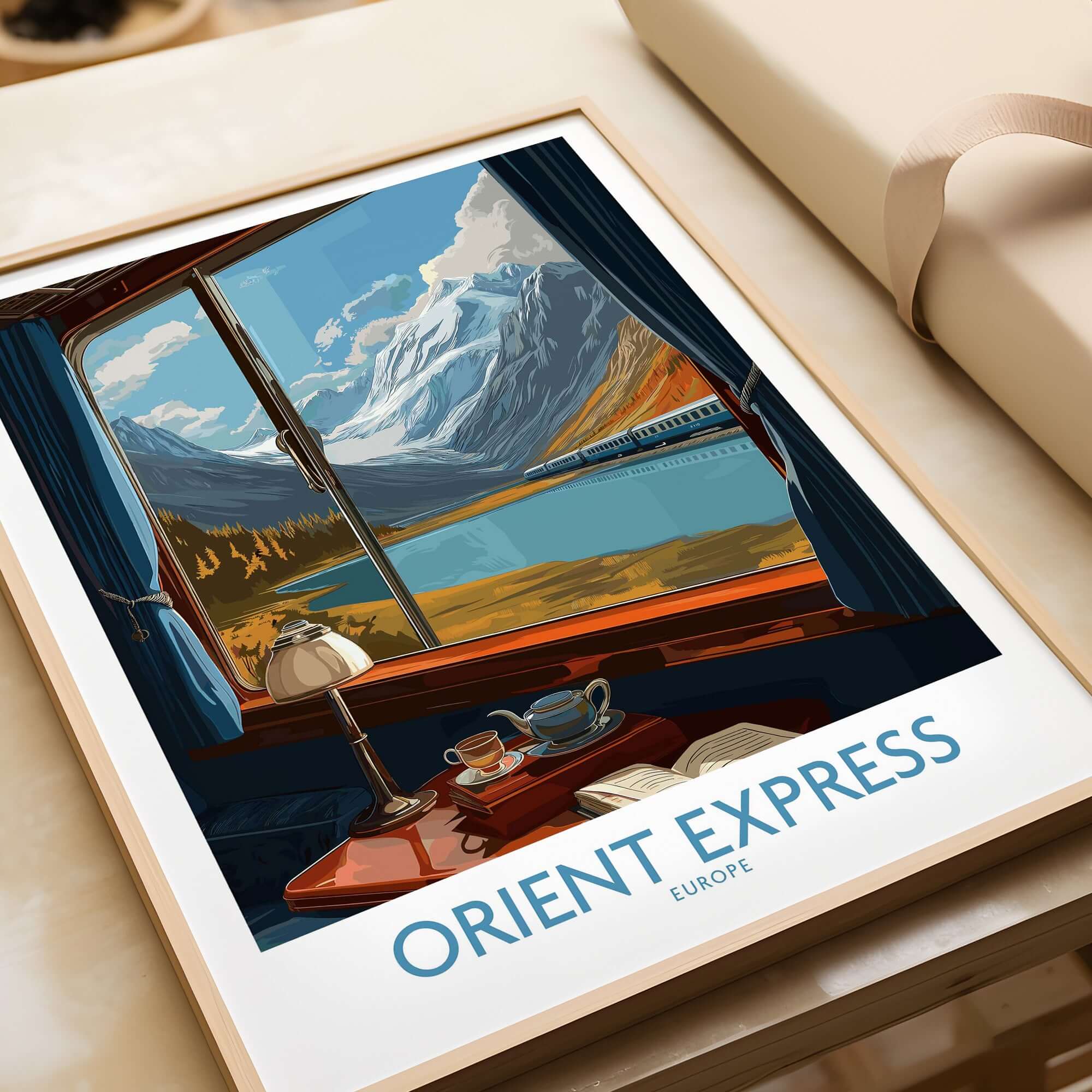 Orient Express Poster Window Art Print | Glacier Mountain View Poster showcasing a serene glacier mountain view from a train.