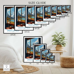 Orient Express Poster Window Art Print | Glacier Mountain View Poster size guide showcasing various frame options.