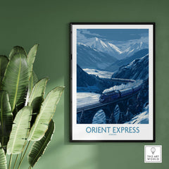 Orient Express Print | Snowy Mountain Poster featuring the train in a winter landscape with mountains.