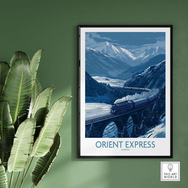 Orient Express Print | Snowy Mountain Poster featuring a train crossing snowy landscapes in elegant winter scenery.