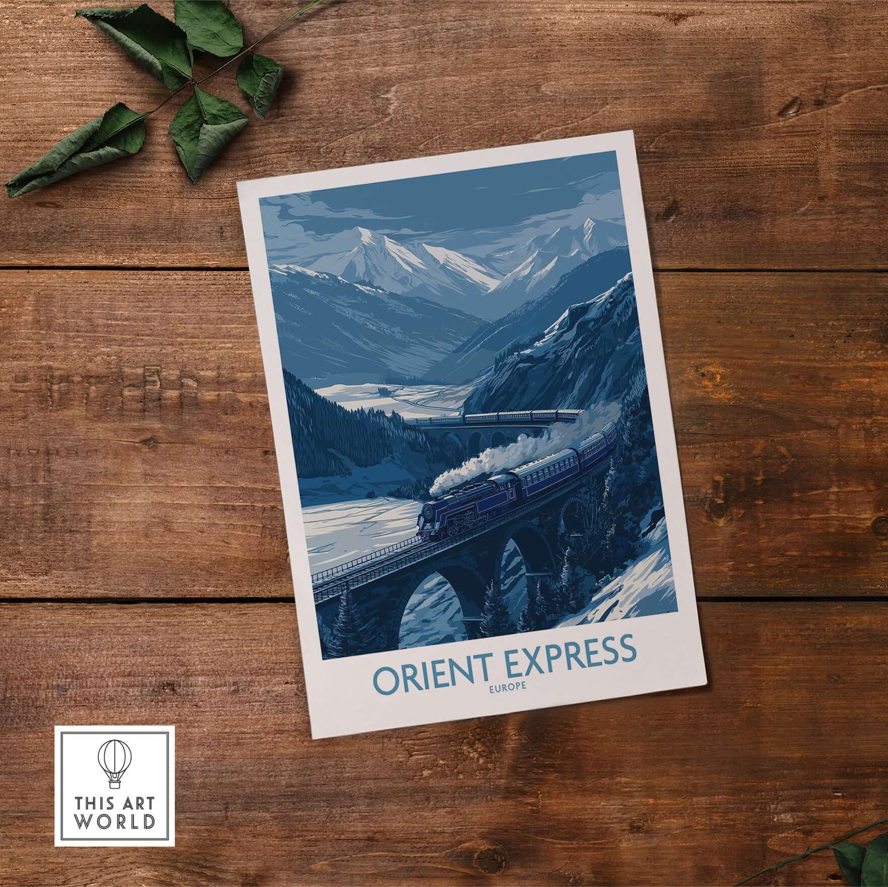 Orient Express Print | Snowy Mountain Poster featuring a train crossing snowy mountains and a river.
