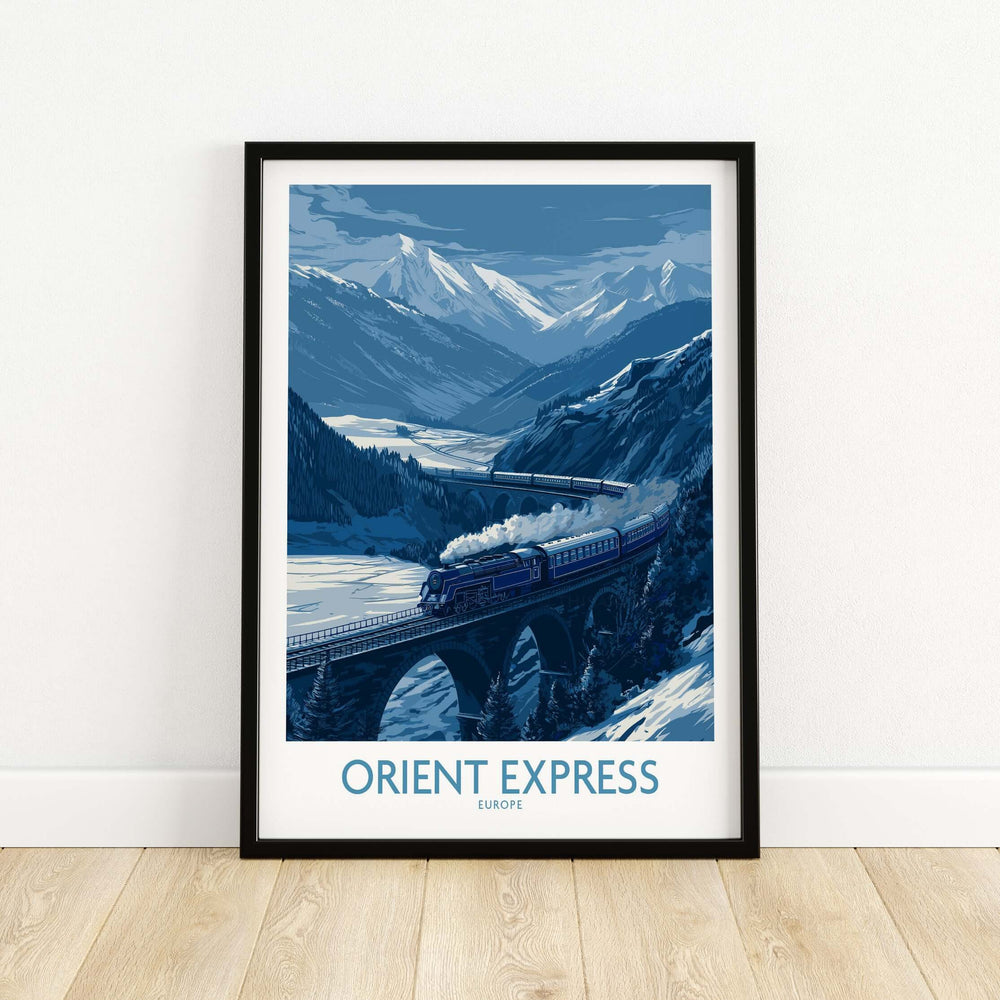 Orient Express Print | Snowy Mountain Poster featuring a train crossing a snowy landscape with mountains in the background.