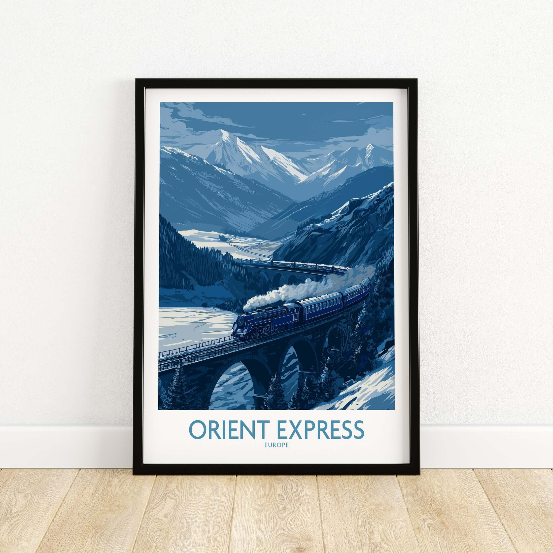 Orient Express Print | Snowy Mountain Poster showcasing a vintage train crossing snowy landscapes in a stunning blue palette.