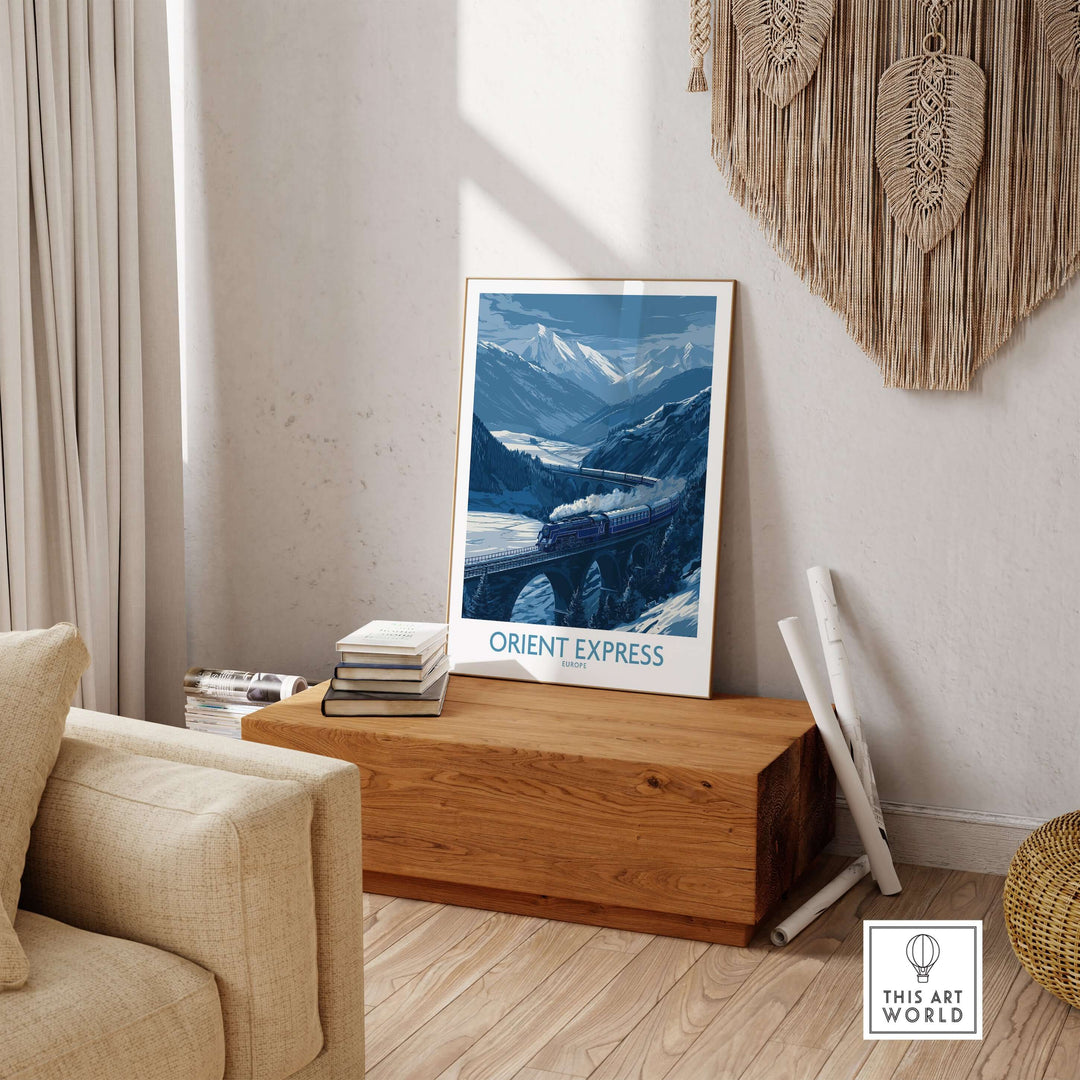 Orient Express Print | Snowy Mountain Poster featuring a vintage train in a cozy room setting.