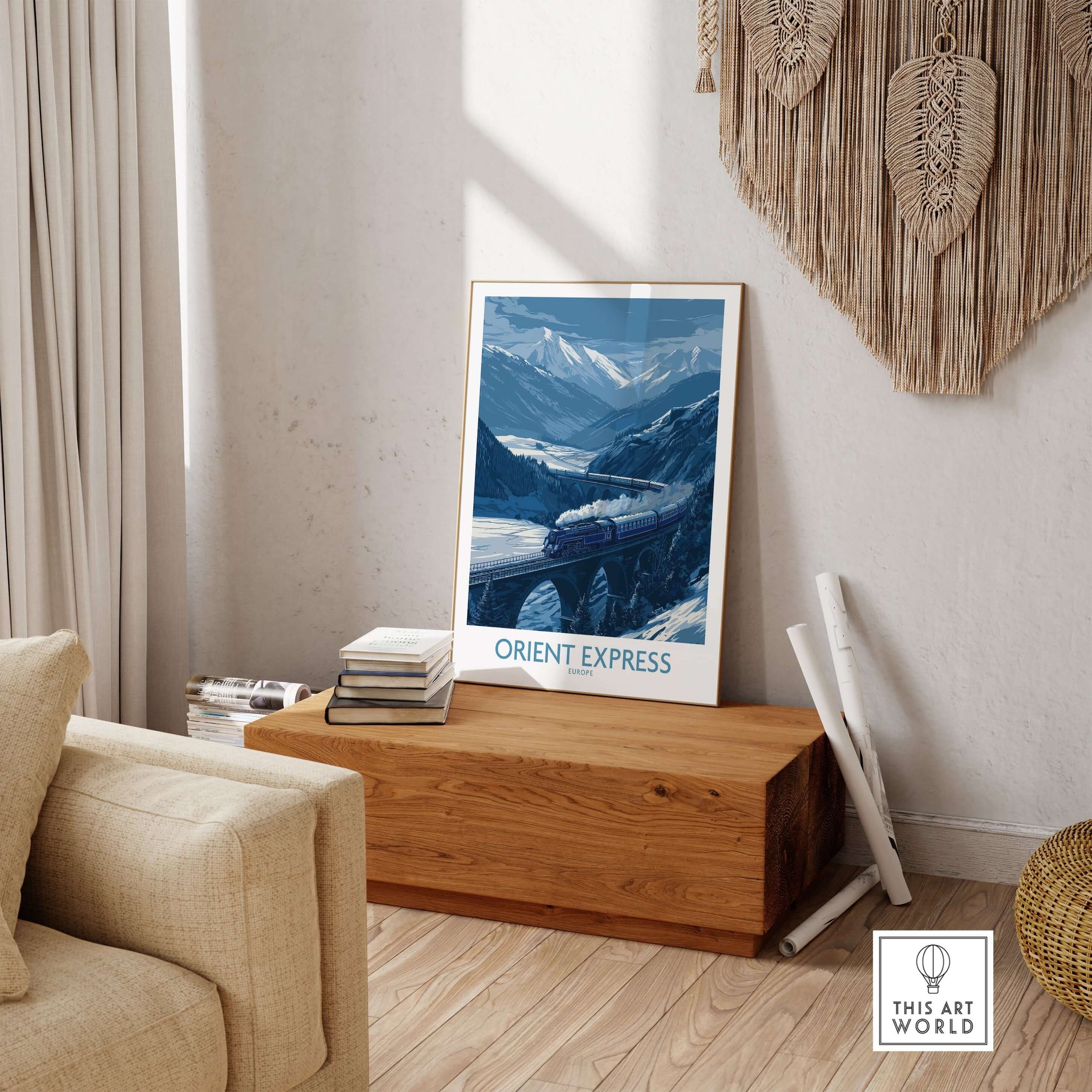 Orient Express Print | Snowy Mountain Poster displayed in a cozy living room setting with wooden decor.