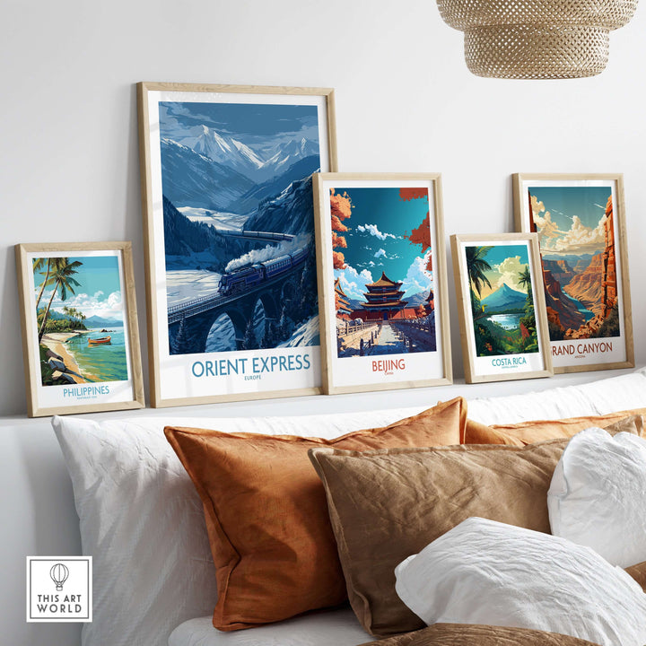 Orient Express Print | Snowy Mountain Poster displayed among travel-themed art prints in a stylish home setting.