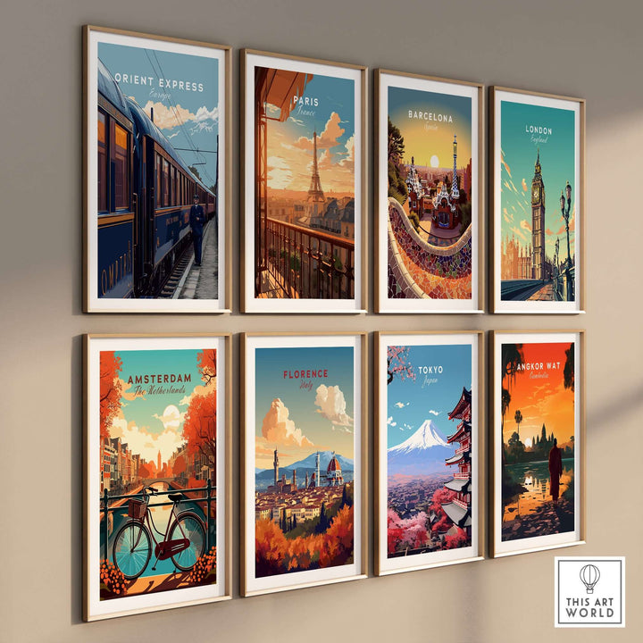 Orient Express Poster | Retro Rail Wall Art displayed in a stylish gallery wall featuring vintage city travel prints.