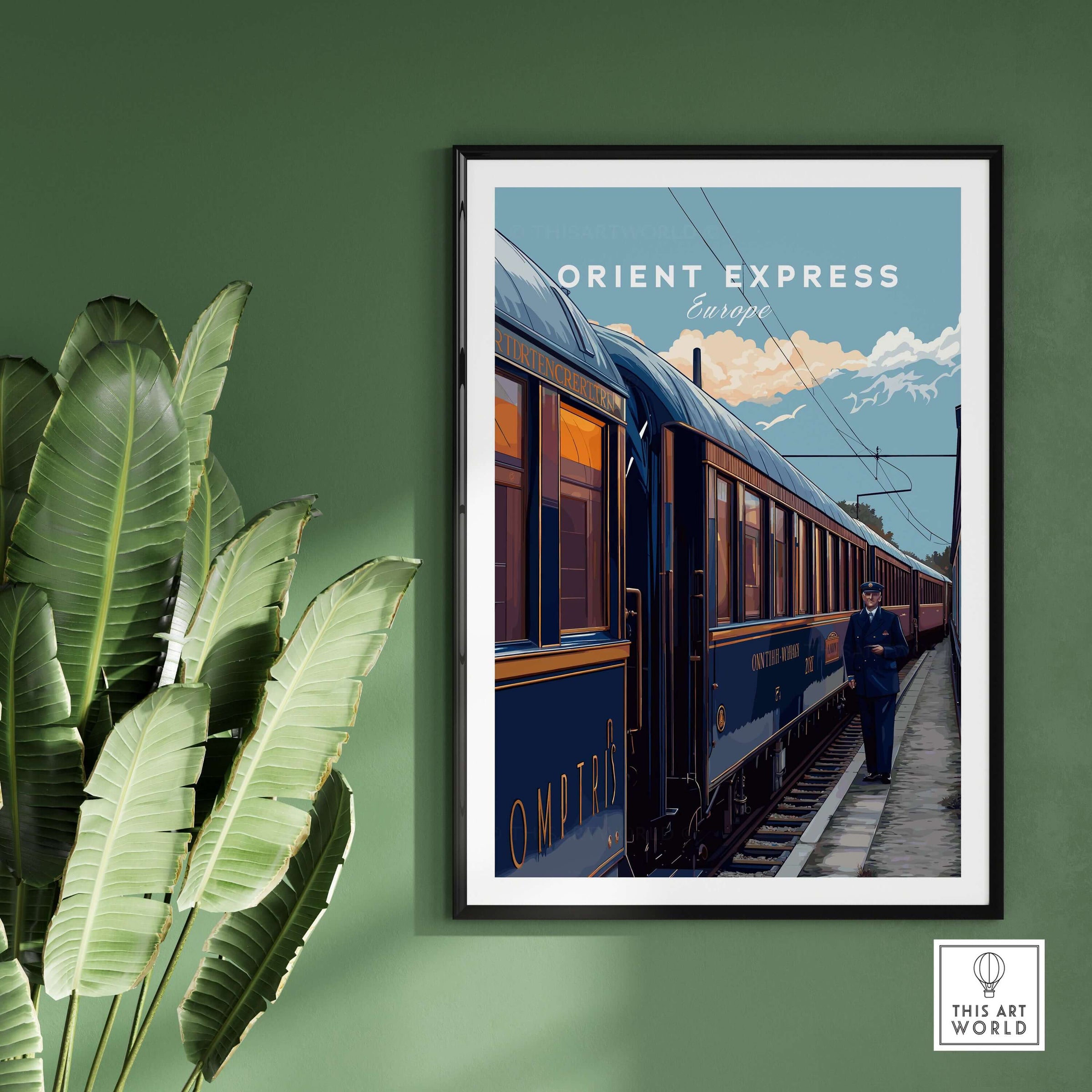 Orient Express Poster | Retro Rail Wall Art featuring a vintage train on display against a green background.