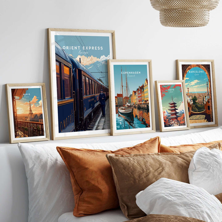 Orient Express Poster | Retro Rail Wall Art displayed on a wall with other travel-themed posters and decorative pillows.