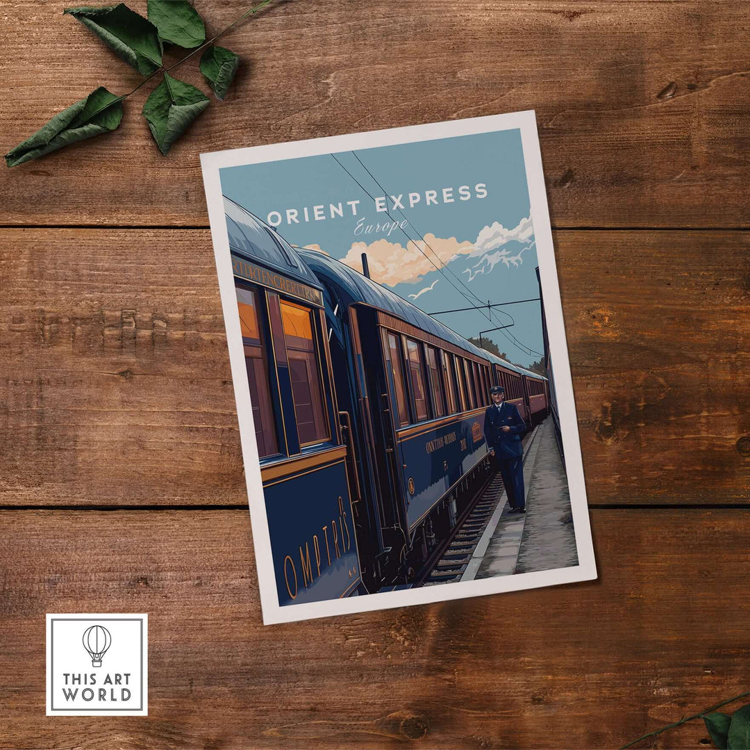 Orient Express Poster | Retro Rail Wall Art featuring a vintage train on a wooden table background.