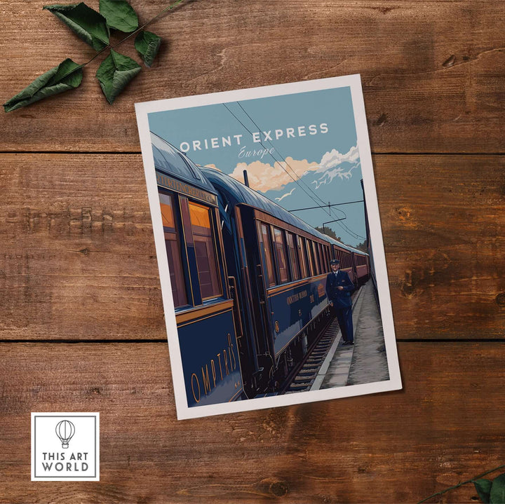 Orient Express Poster | Retro Rail Wall Art featuring a vintage train on a wooden table background.