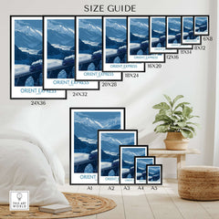 Orient Express Print | Snowy Mountain Poster size guide showcasing various frame sizes and artworks in a living room setting.