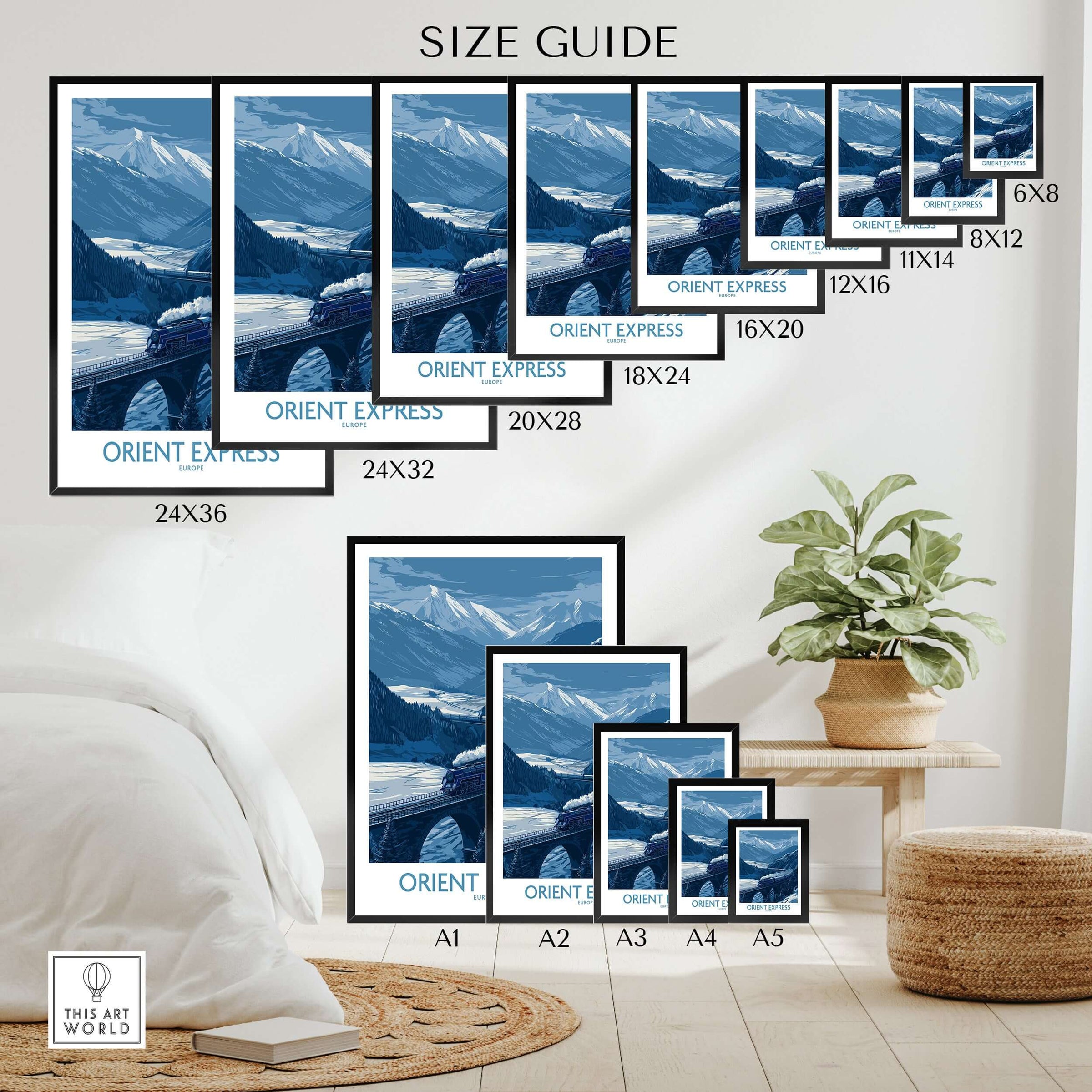 Orient Express Print | Snowy Mountain Poster size guide showcasing various frame sizes and artworks in a living room setting.