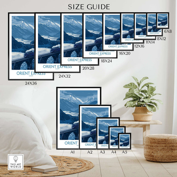 Orient Express Print | Snowy Mountain Poster size guide featuring various frame sizes and snowy mountain scenery.