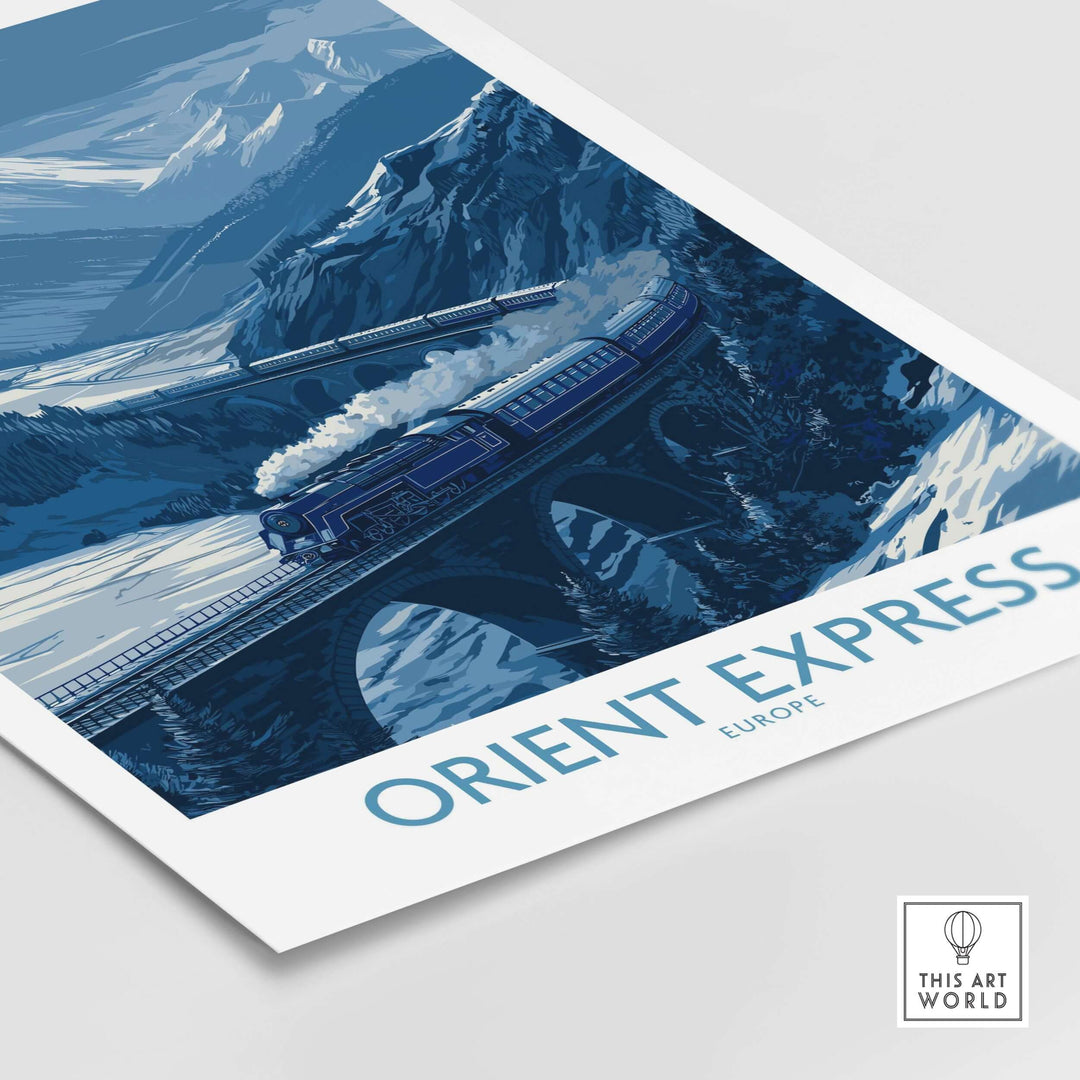 Orient Express Print | Snowy Mountain Poster featuring a train crossing snowy mountains in a vintage style.
