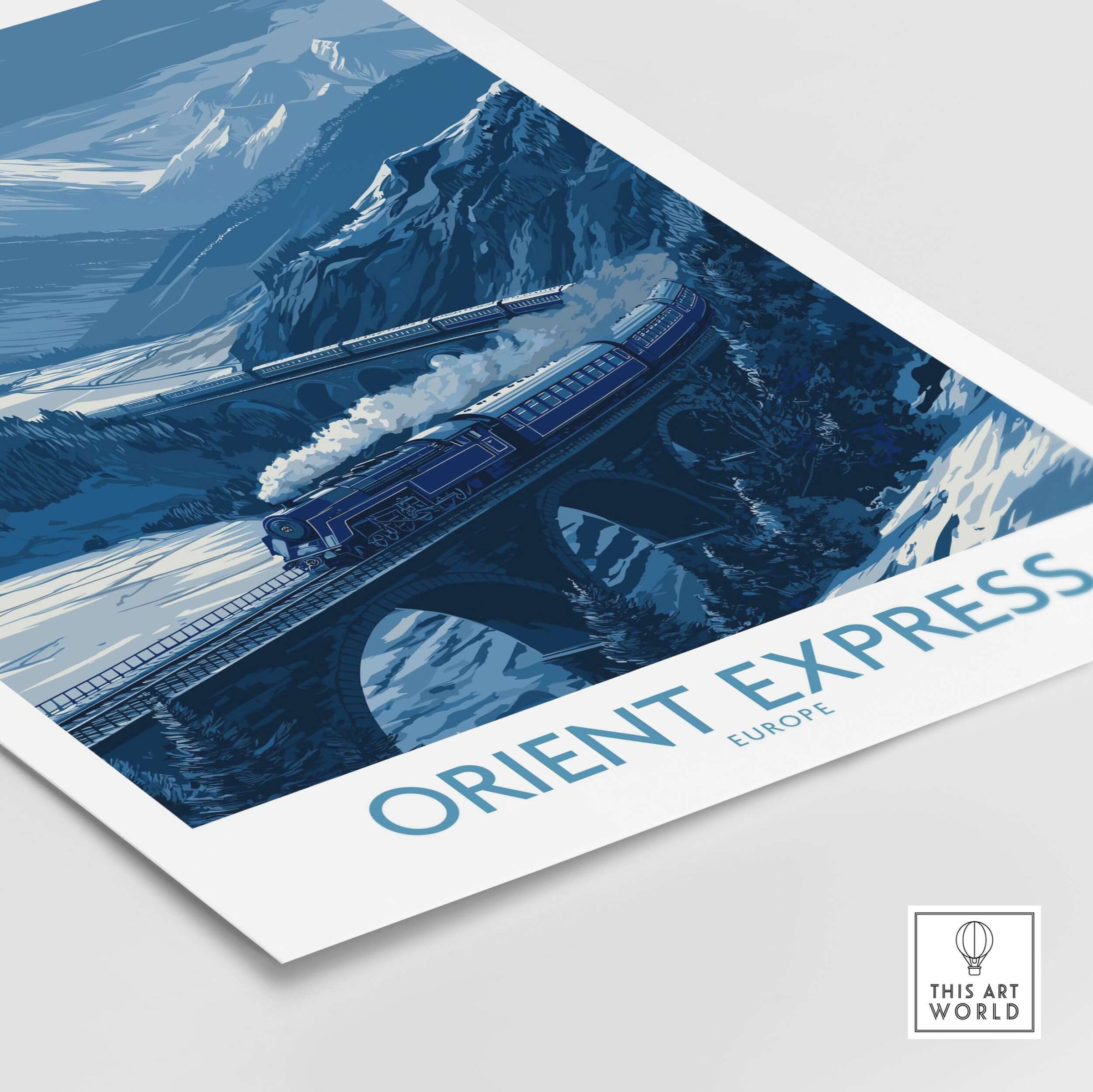 Orient Express Print | Snowy Mountain Poster showcasing a vintage train crossing snowy landscapes.