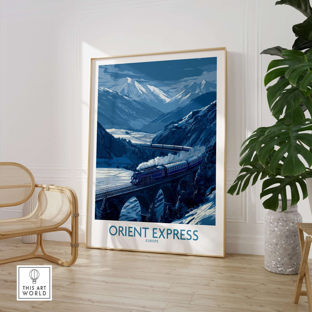 Orient Express Print | Snowy Mountain Poster featuring a train in snowy landscapes, perfect for winter travel enthusiasts.