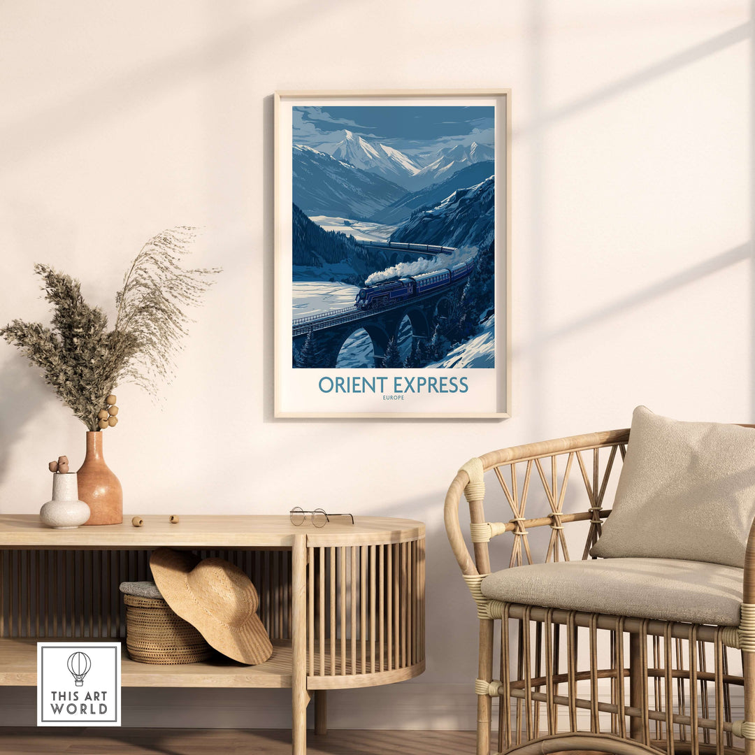 Orient Express Print | Snowy Mountain Poster featuring a vintage train in snowy mountain scenery.