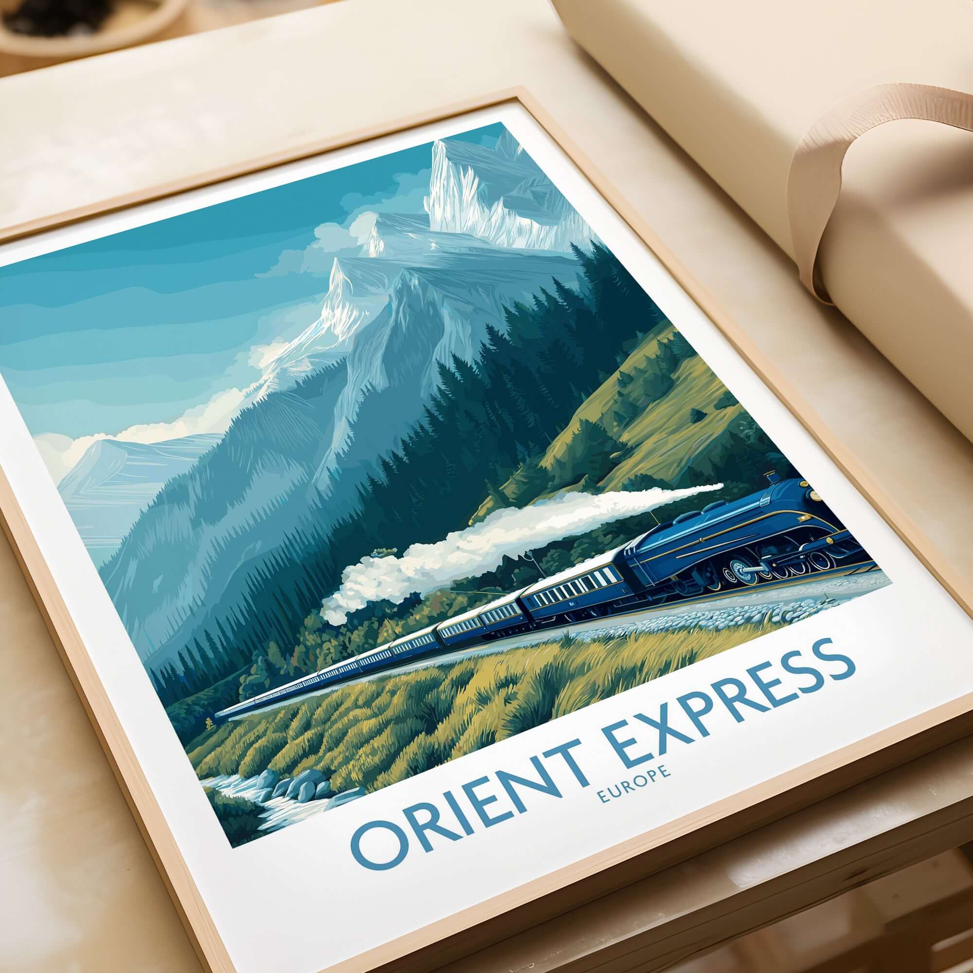 Orient Express Poster - Steam Train Art Print featuring a steam locomotive in a scenic mountain landscape.