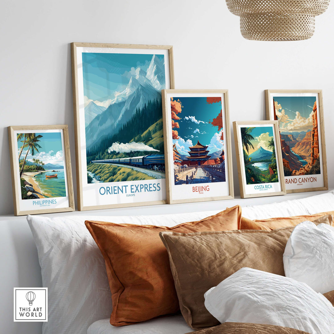 Orient Express Poster - Steam Train Art Print displayed among travel-themed art prints on a stylish wall.