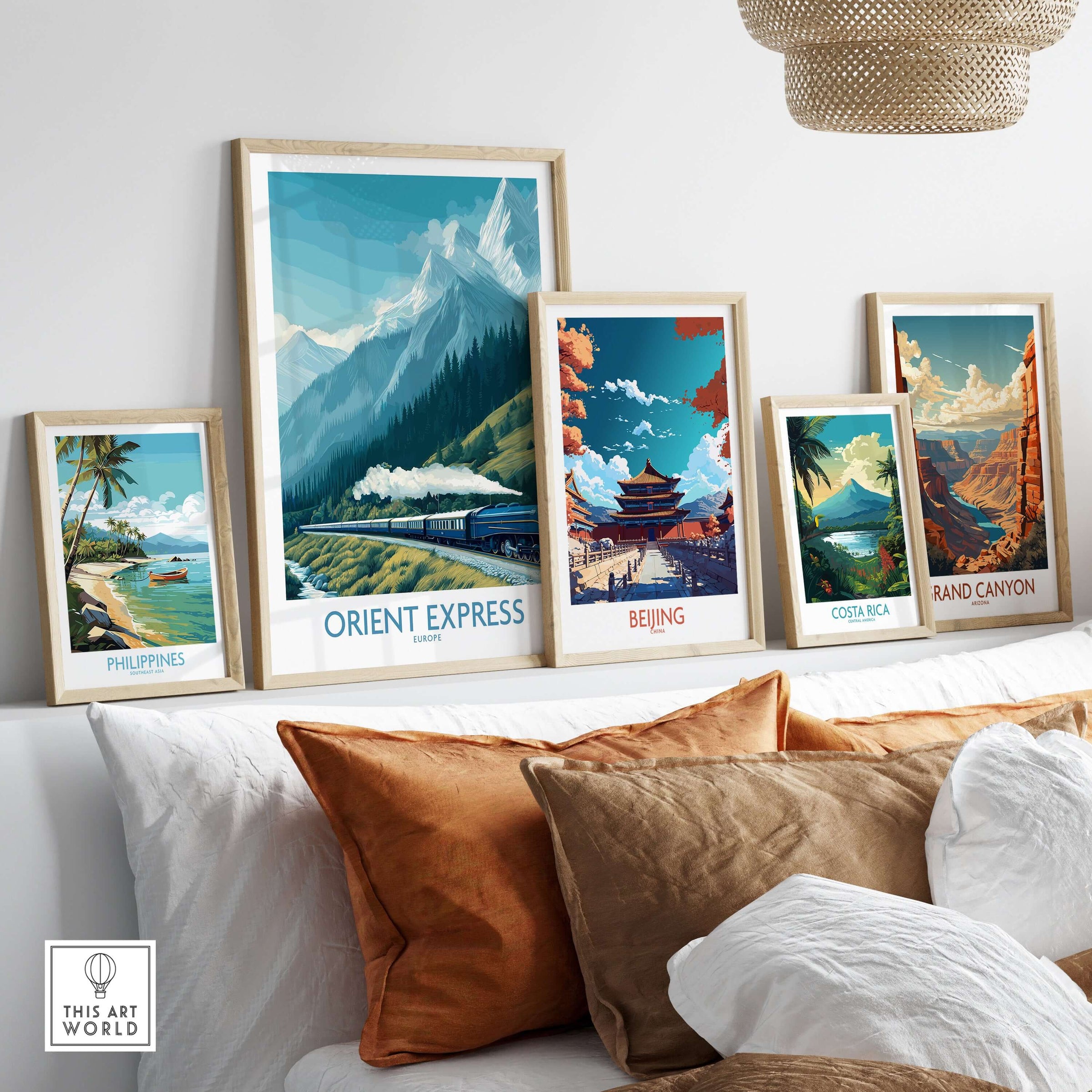 Orient Express Poster - Steam Train Art Print displayed among travel-inspired art prints on a stylish wall.